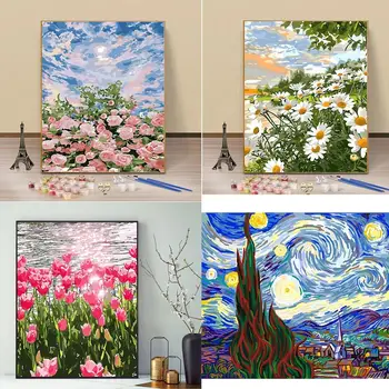 Maľby akrylom Súpravy, Digitálne Maľovanie Tri Krásne Kvety, 3 Štetce na Maľovanie podľa Čísel, Jasné Farby