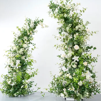 Biely Roh Vnútorné A Vonkajšie Dekorácie Zelené Umelé Pozadí Kvety Letnej Záhrade Svadobné Oblúk