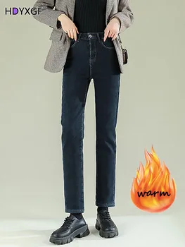 Streetwear Slim Stragight Džínsy Ženy Zimné Zahustiť Tepelnej Vysoký Pás Neforemné Vaqueros Kórejský Štýl Vintage Umývanie Pantalones 2024