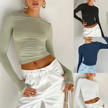 Univerzálny 2023 Jarné dámske Long Sleeve T-Shirt Farbou Kolo Krku Slim Fit Top Neformálne alebo Formálne oblečenie